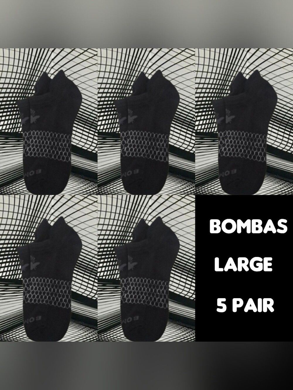 Bombas Ankle Socks Large 5 Pair Unisex Womens & Mens Honeycomb Black/Grey BNWT